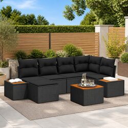 Garden Sofa Set 7 Pieces Black Poly Rattan Outdoor Furniture with Cushions