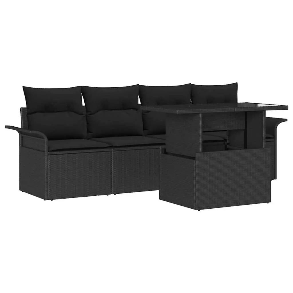 Outdoor Furniture Set 5 Pieces Black Poly Rattan Weather Resistant Cushions Durable Steel Frame