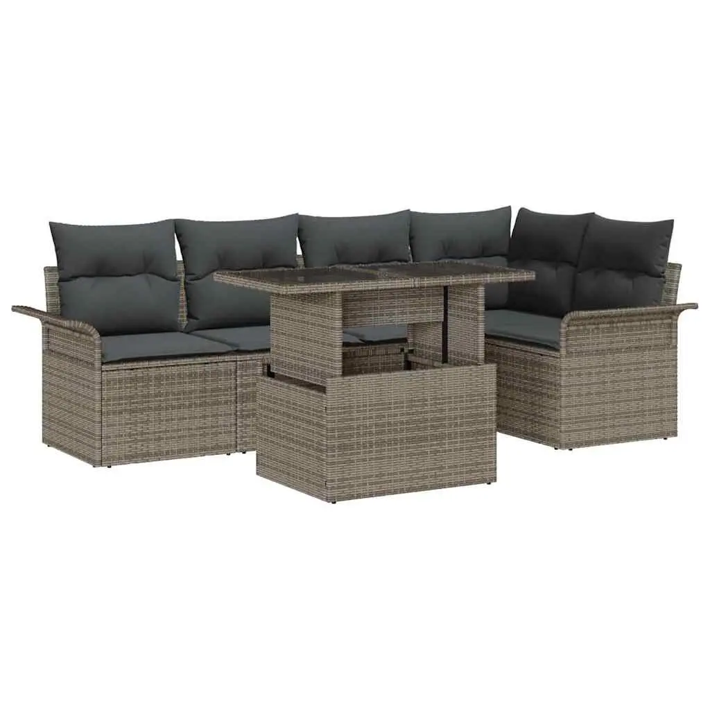 Modular Garden Sofa Set 6 Piece Outdoor Furniture Poly Rattan Acacia Wood Cushions Height Adjustable Tabletop