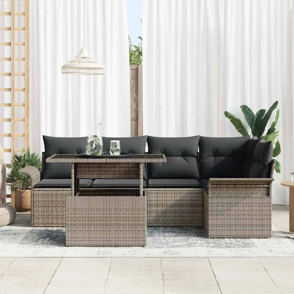 Modular Garden Sofa Set 6 Piece Outdoor Furniture Poly Rattan Acacia Wood Cushions Height Adjustable Tabletop