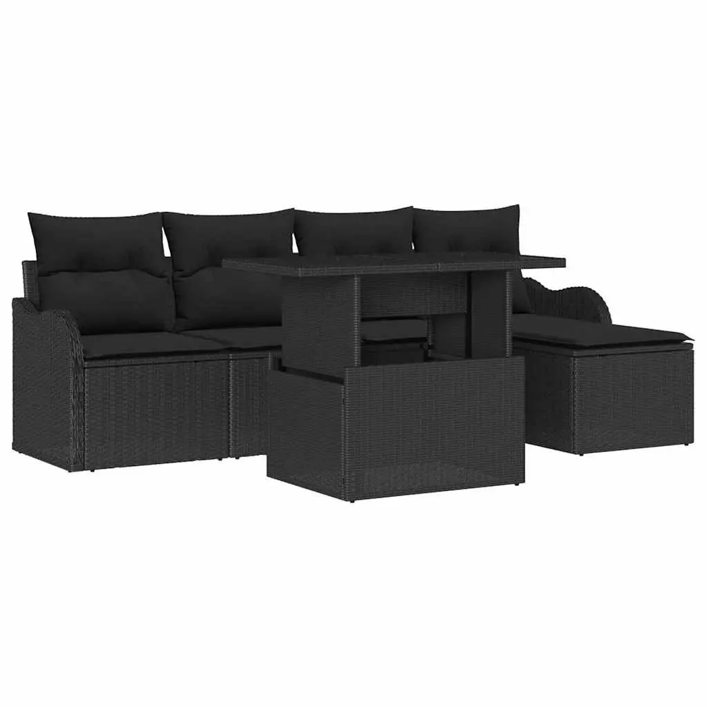 Outdoor Seating Set 6 Piece Black Poly Rattan Modular Garden Furniture with Cushions