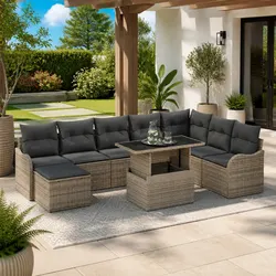 Modular Garden Sofa Set 9 Pieces Outdoor Furniture Grey Poly Rattan with