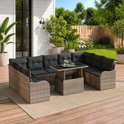 Modular Garden Sofa Set 10pc Grey Poly Rattan Outdoor Furniture Cushioned