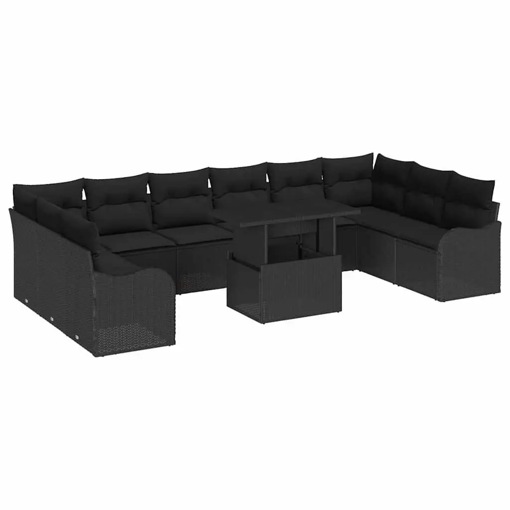 Modular Garden Sofa Set 11 Piece Black Poly Rattan with Height Adjustable Table