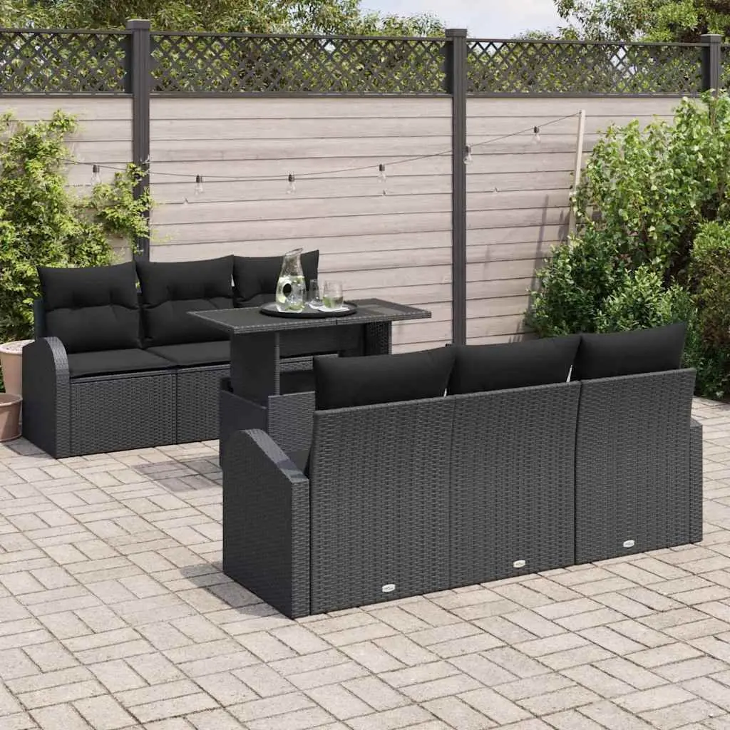 7 Piece Black Poly Rattan Patio Sofa Set with Cushions for Outdoor Garden and Terrace
