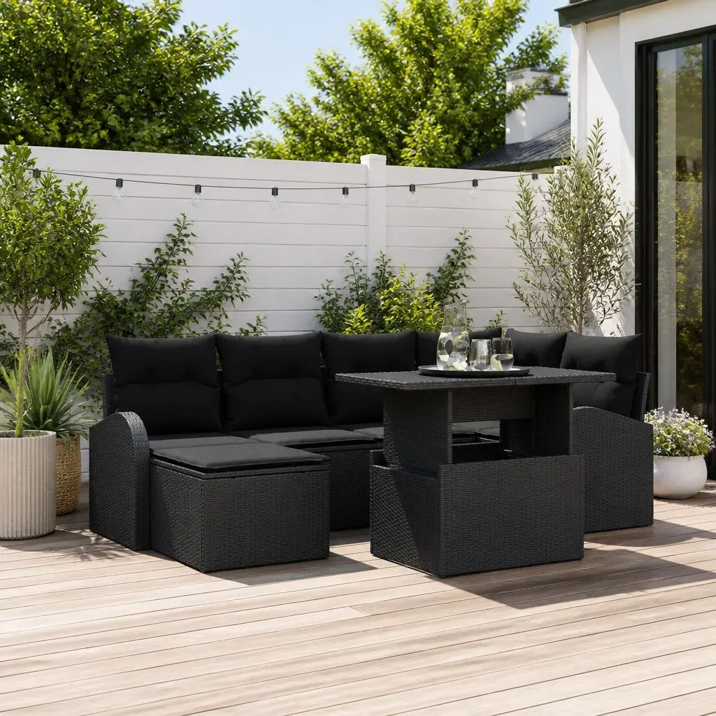 Modular Black Poly Rattan Sofa Set 7 Pieces Outdoor Patio Seating Lounge