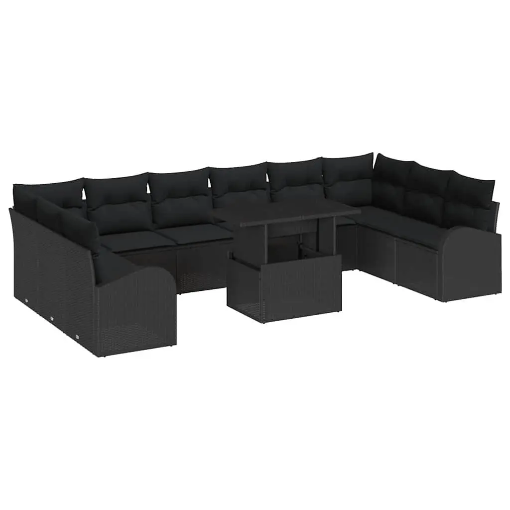 Modular Outdoor Garden Sofa Set 11 Pieces Black Poly Rattan with Storage Space