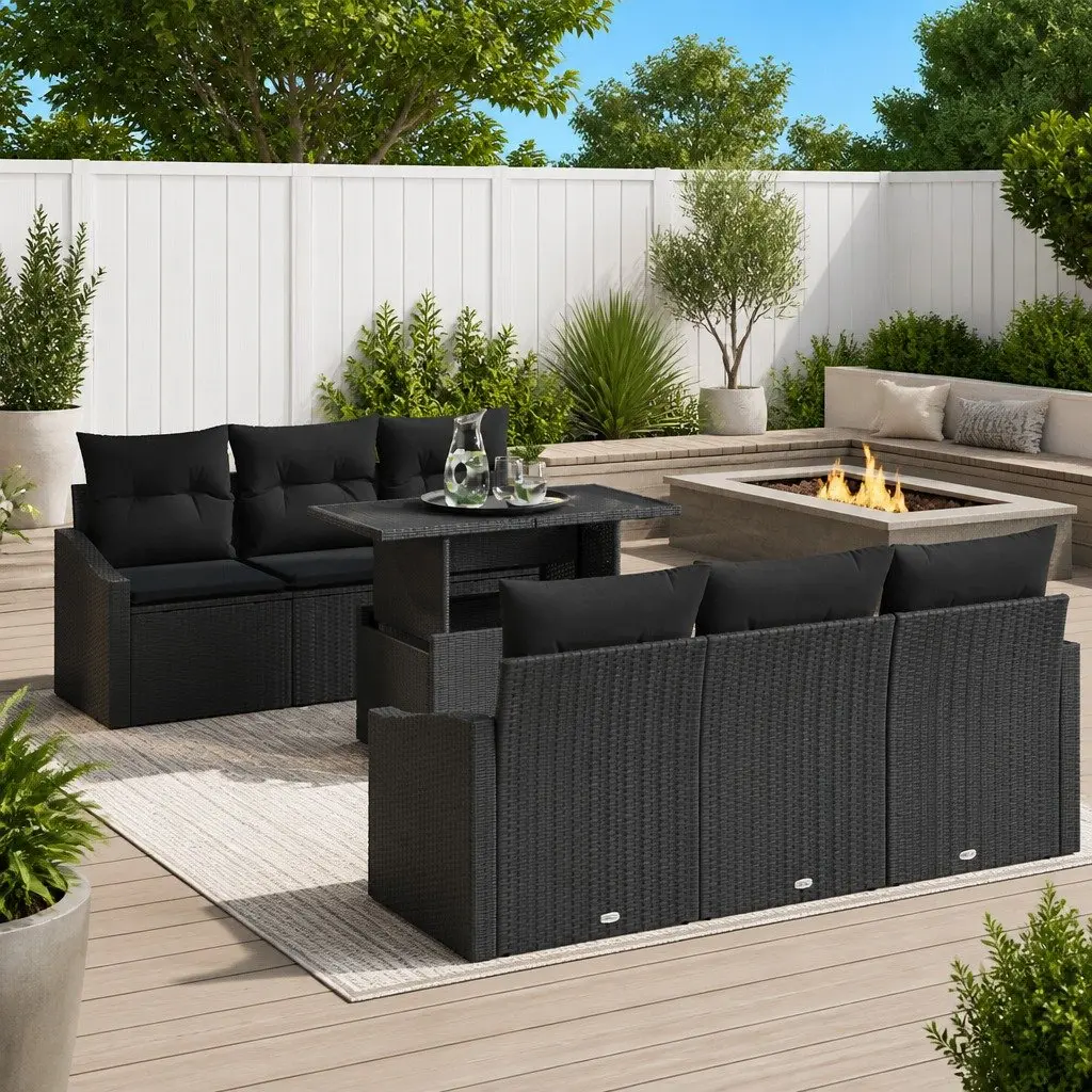 Garden Sofa Set 7 Piece Modular Outdoor Seating Black Poly Rattan with Storage