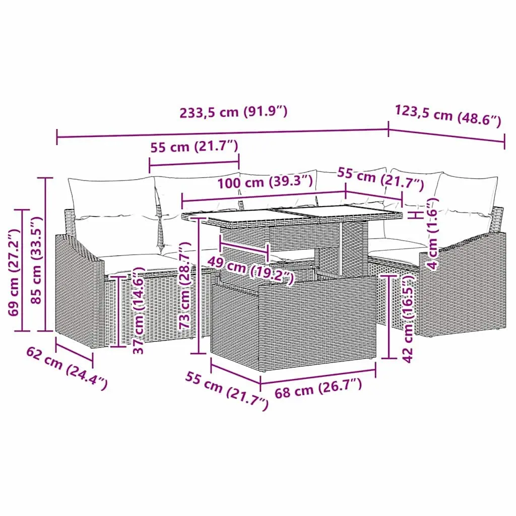 Modular Outdoor Garden Sofa Set 6 Pieces Black Poly Rattan Weather Resistant Furniture