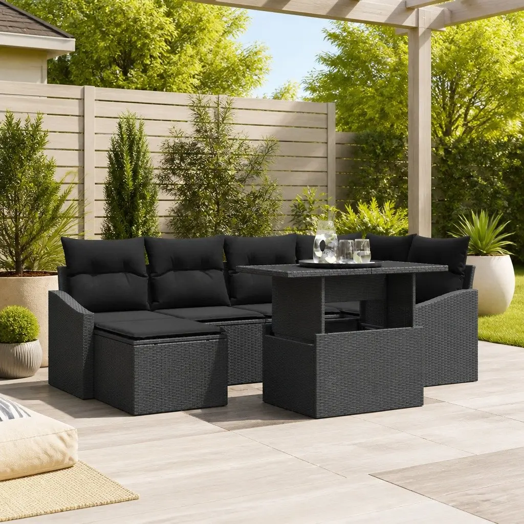 ModularPatioSofaSet7PieceWeatherResistantBlackPolyRattanSteelFurniture