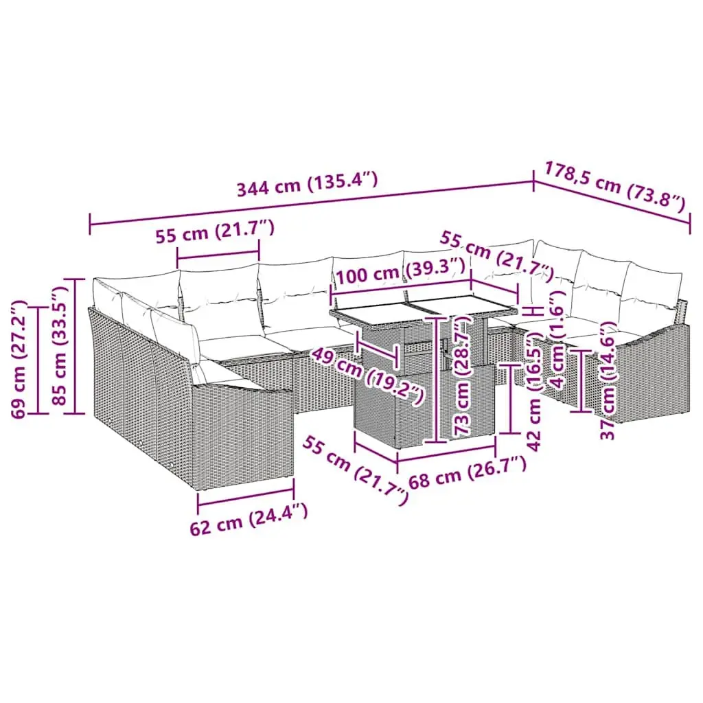 Outdoor Sofa Set 11 Pieces Black Poly Rattan Garden Patio Furniture with