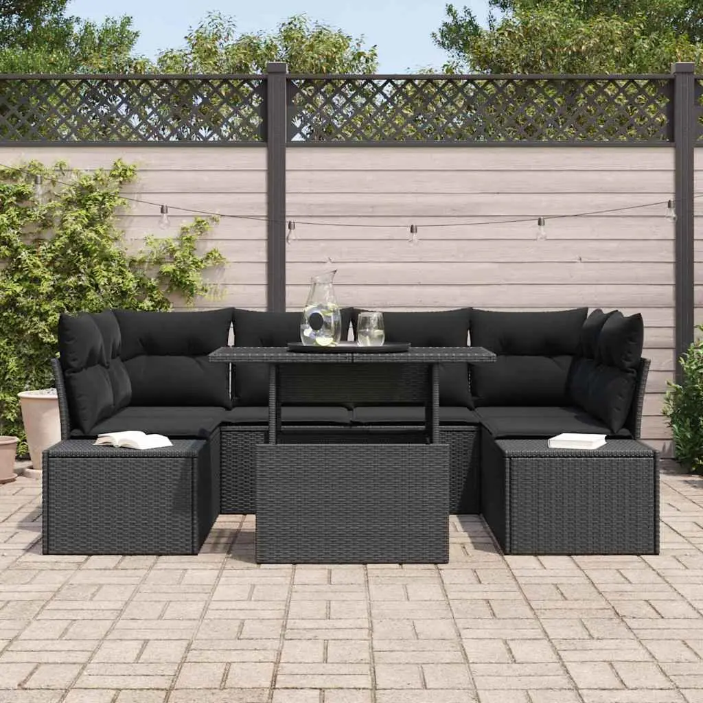 Modular Outdoor Sofa Set 7 Pieces Black Poly Rattan Adjustable Cushions