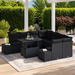 Modular Outdoor Garden Sofa Set 9 Pieces Black Poly Rattan Patio Seating with