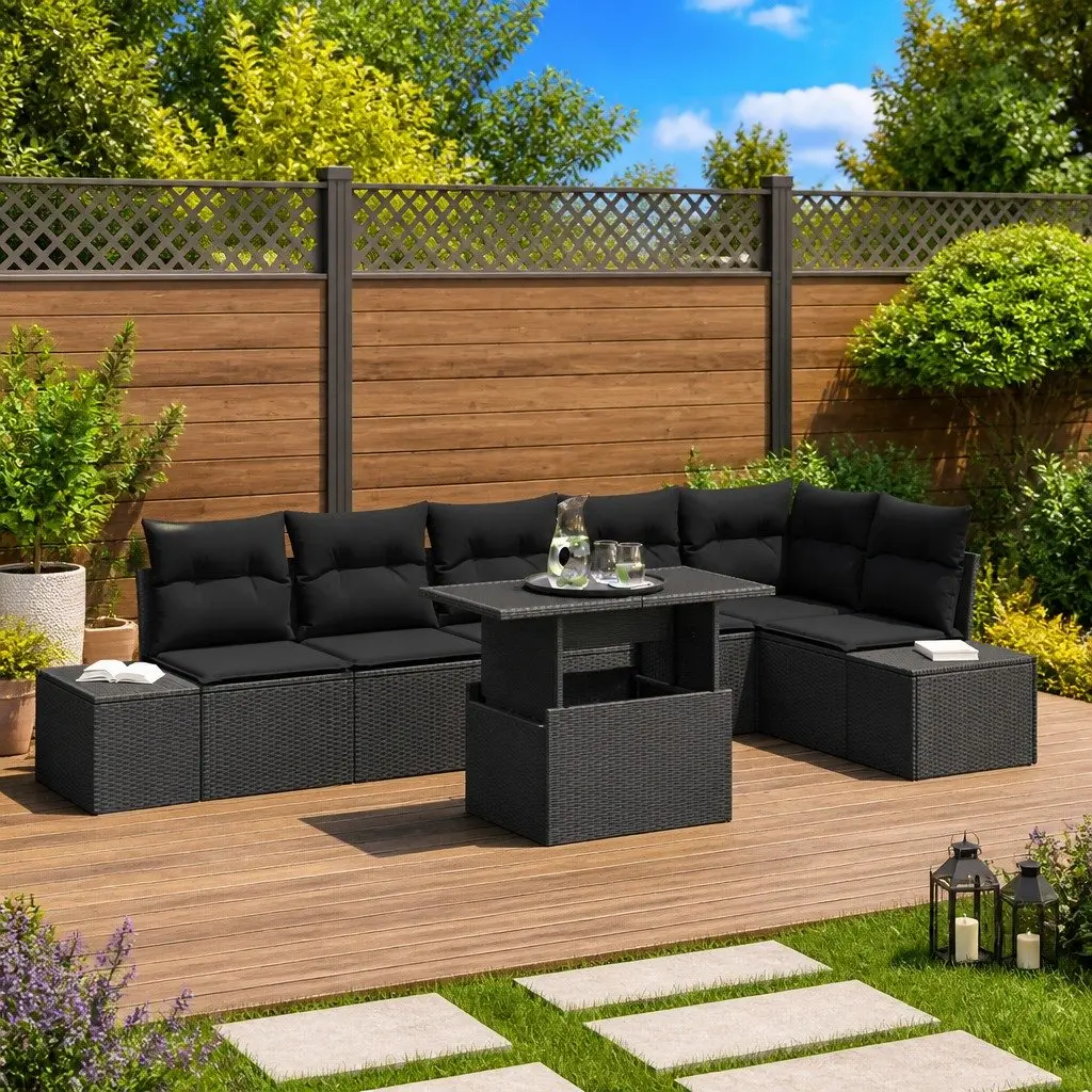 Modular Outdoor Garden Sofa Set 7 Piece Black Rattan Seating with Height Adjustable Table