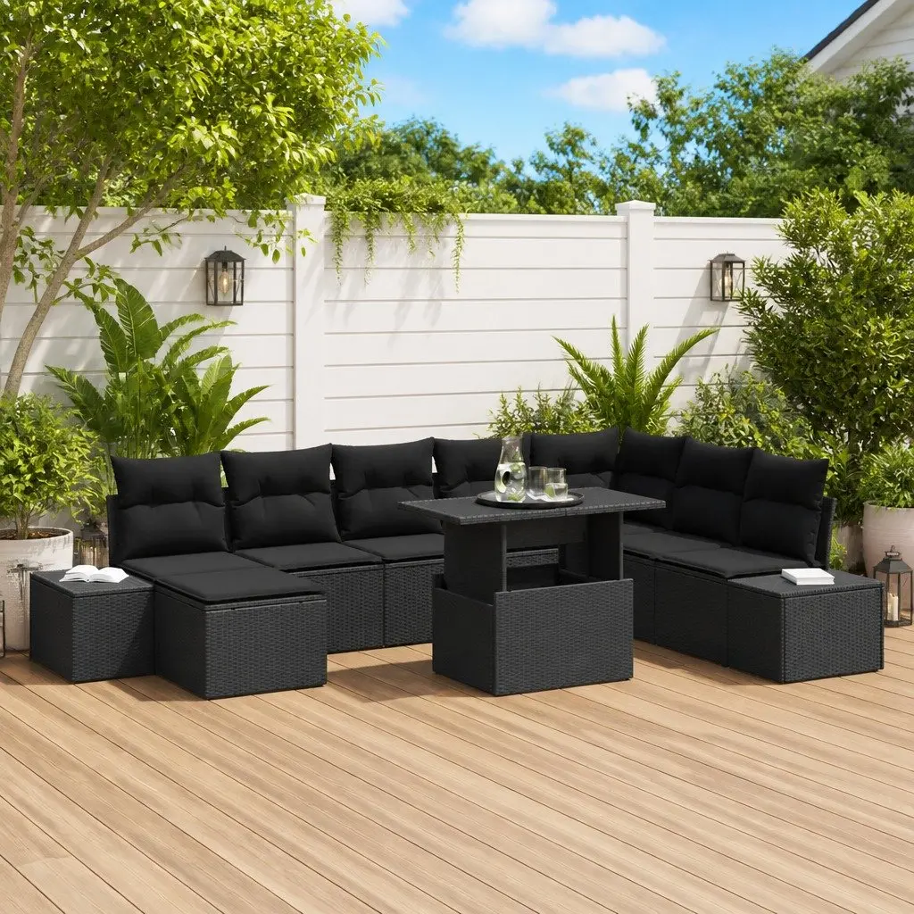 Outdoor Garden Sofa Set 9 Piece Modular Seating Black with Cushions and Tempered Glass Table