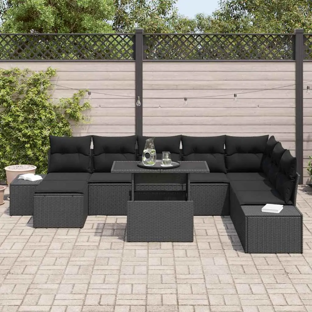 Outdoor Garden Sofa Set 9 Piece Modular Seating Black with Cushions and Tempered Glass Table