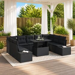 Outdoor Garden Sofa Set 10 pcs Black Modular Seating Lounge with Glass Table