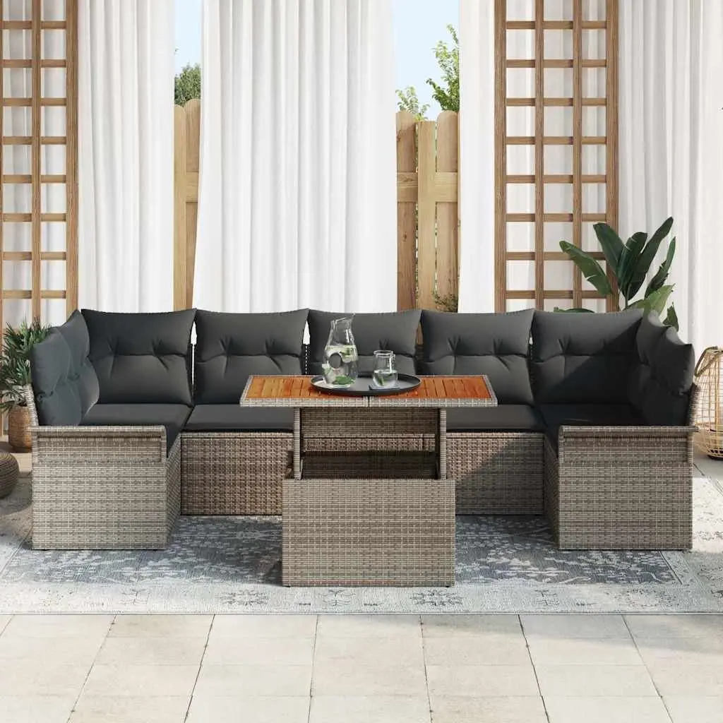 Garden Sofa Set 8 Pieces Grey Cushioned Poly Rattan Outdoor Seating with Acacia Wood Frame