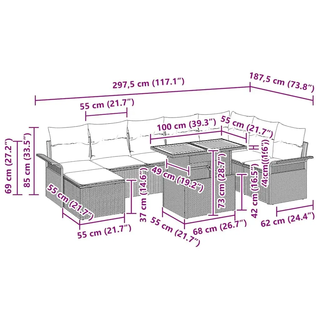 Outdoor Garden Sofa Set 9 Pieces Black Poly Rattan Steel Frame Modular Seating