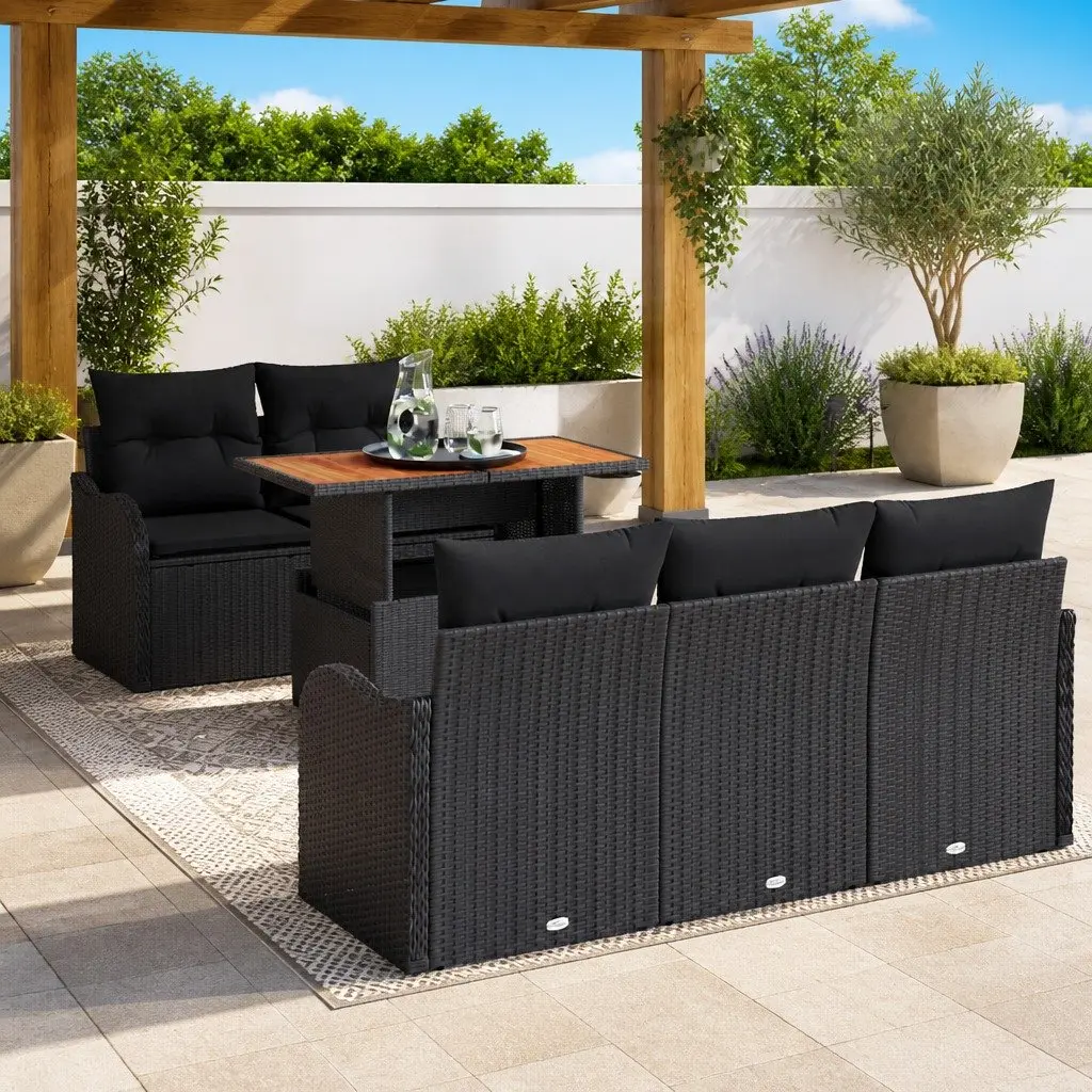 Modular Outdoor Sofa Set 6 Piece Black Cushions Poly Rattan Acacia Wood Adjustable Table