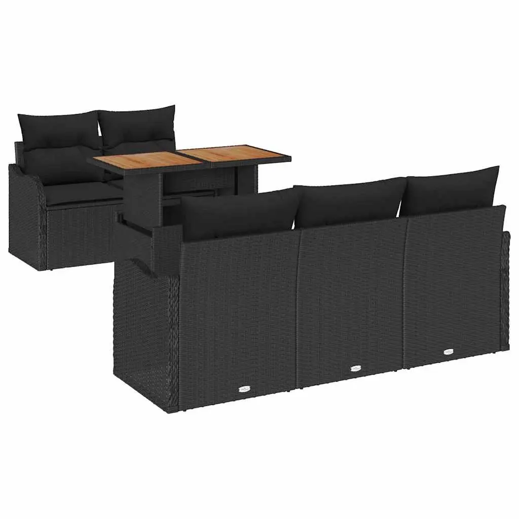 Modular Outdoor Sofa Set 6 Piece Black Cushions Poly Rattan Acacia Wood Adjustable Table
