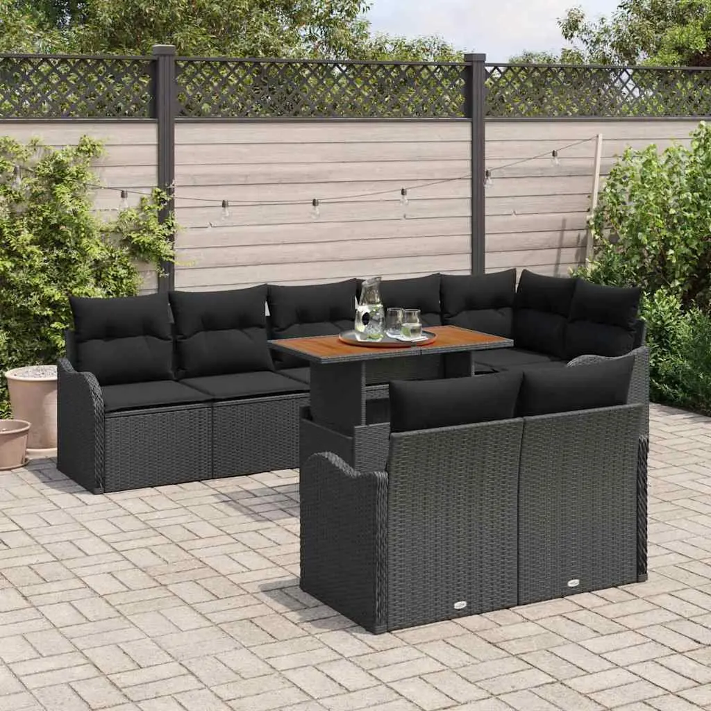 Outdoor Sofa Set 9 Piece Black Poly Rattan Garden Seating with Cushions