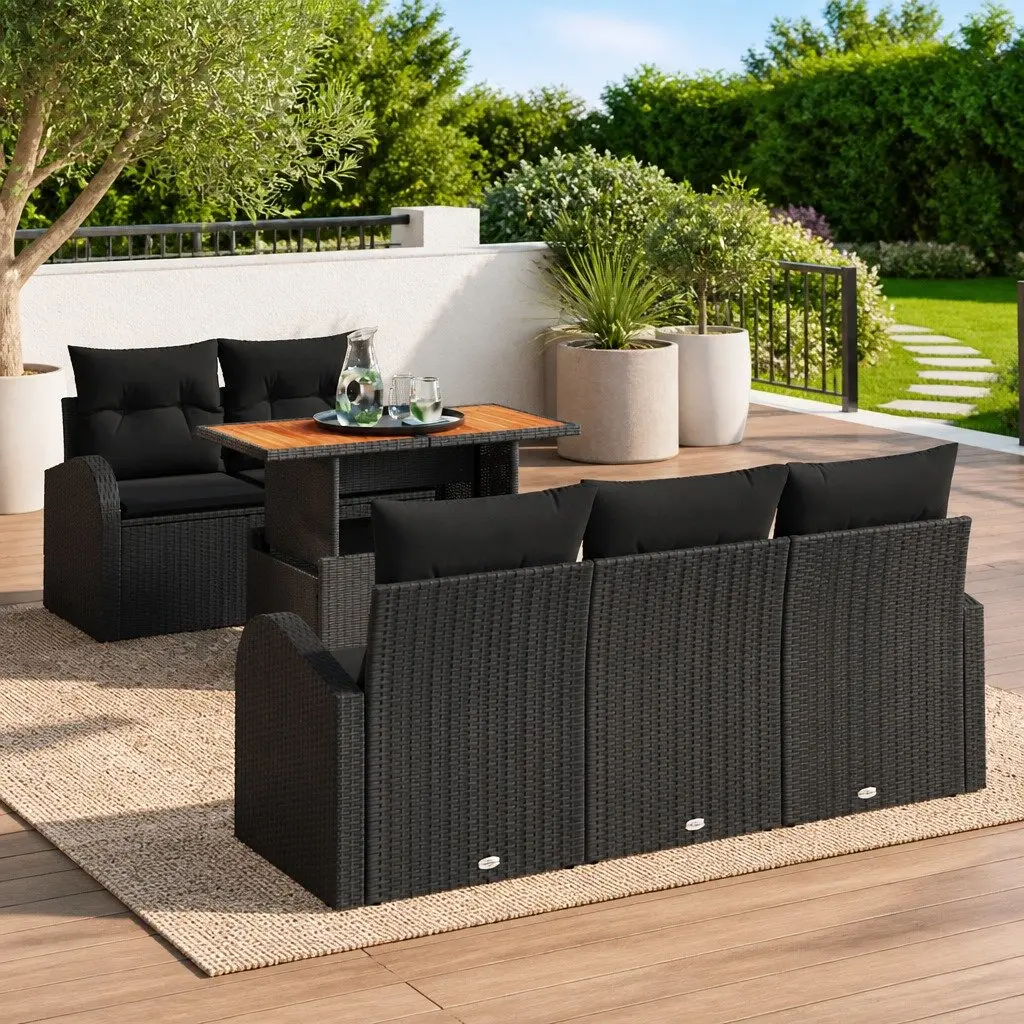 Outdoor Garden Sofa Set 6 Piece Black Poly Rattan Weather Resistant Cushions