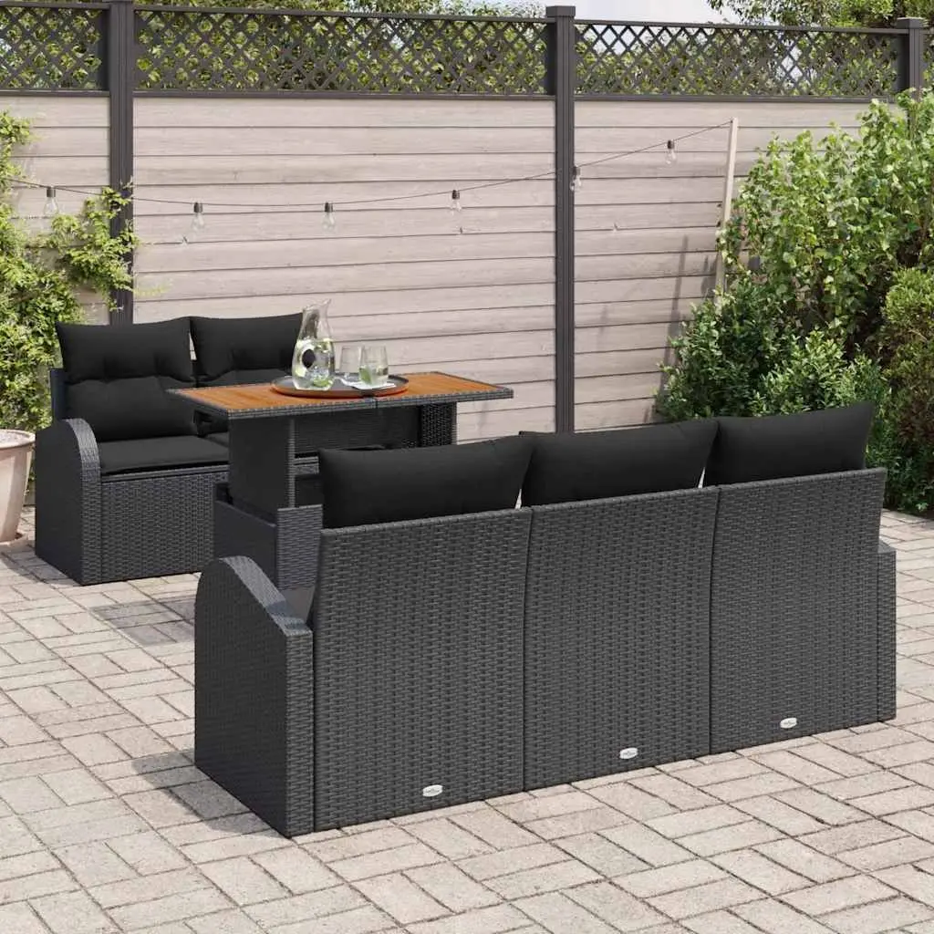 Outdoor Garden Sofa Set 6 Piece Black Poly Rattan Weather Resistant Cushions