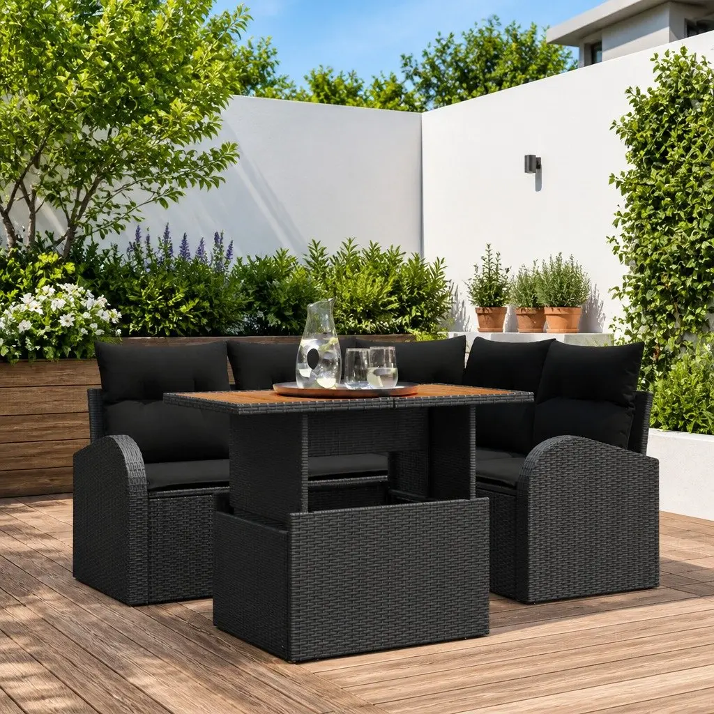 Outdoor Garden Sofa Set 5 Piece Black Sectional Lounge with Removable Cushions