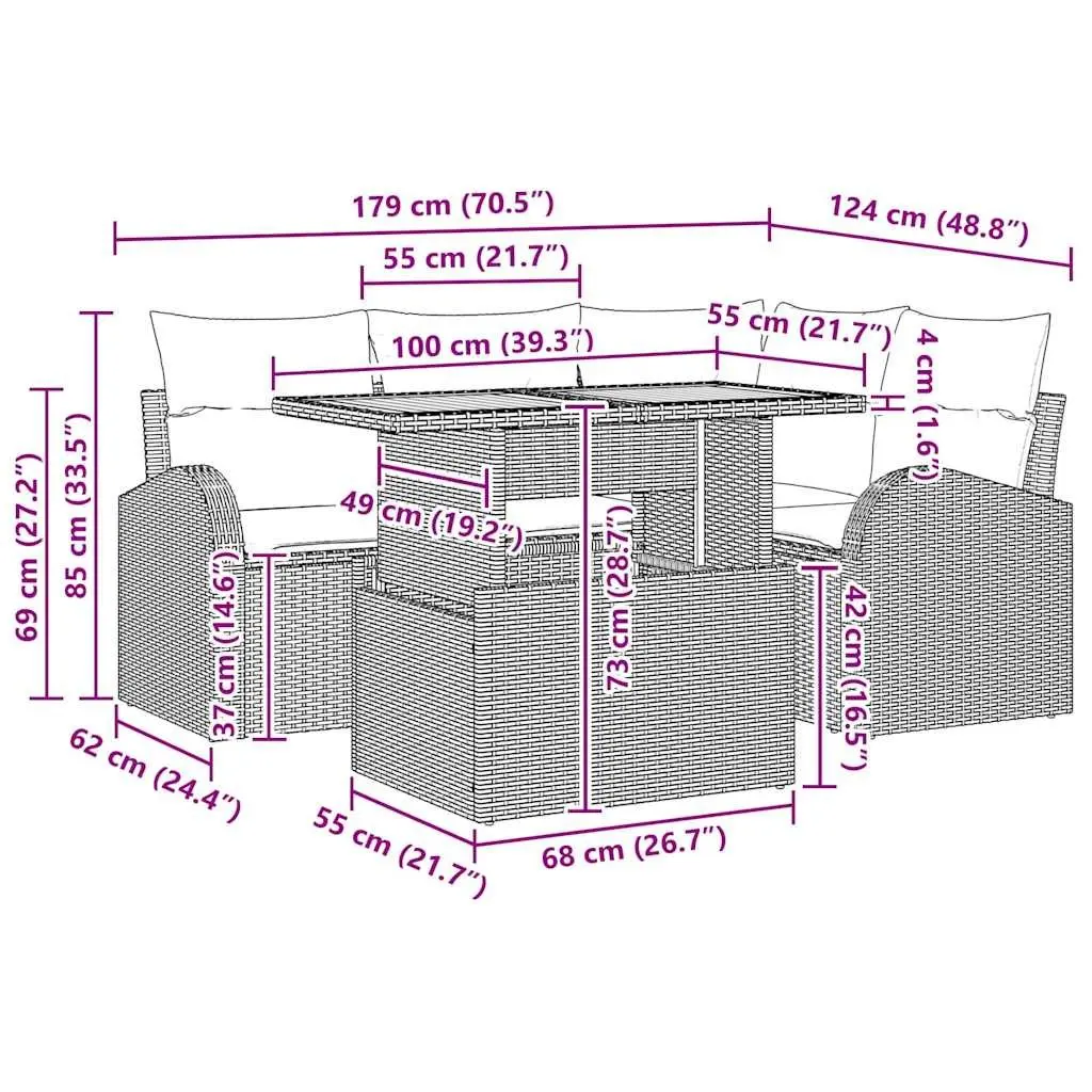 Outdoor Garden Sofa Set 5 Piece Black Sectional Lounge with Removable Cushions