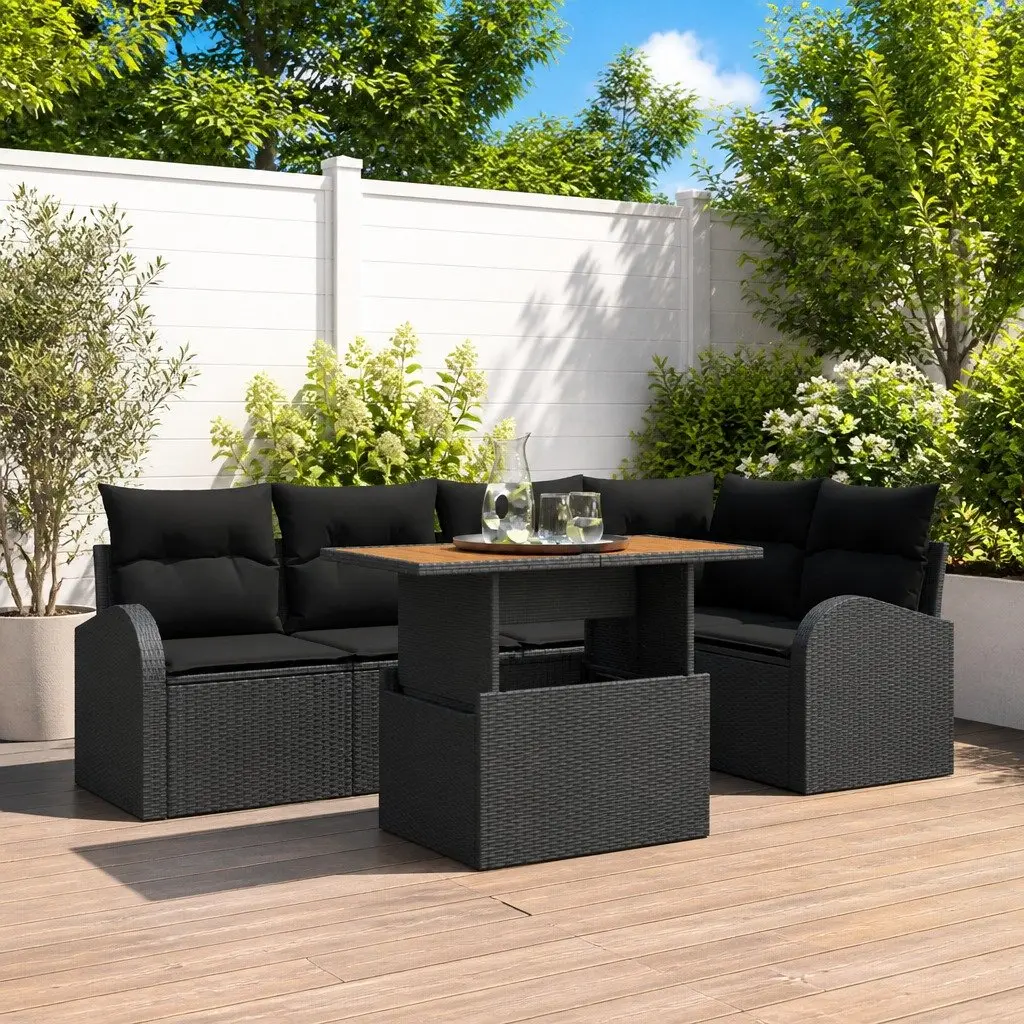 Outdoor Garden Sofa Set 6 Pieces Black Woven Rattan Cushions Table