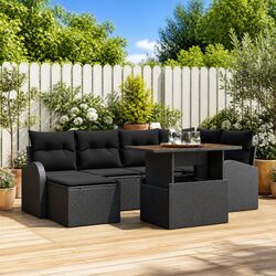 Outdoor Garden Sofa Set 7 Pieces Black Poly Rattan Steel Frame Sectional with