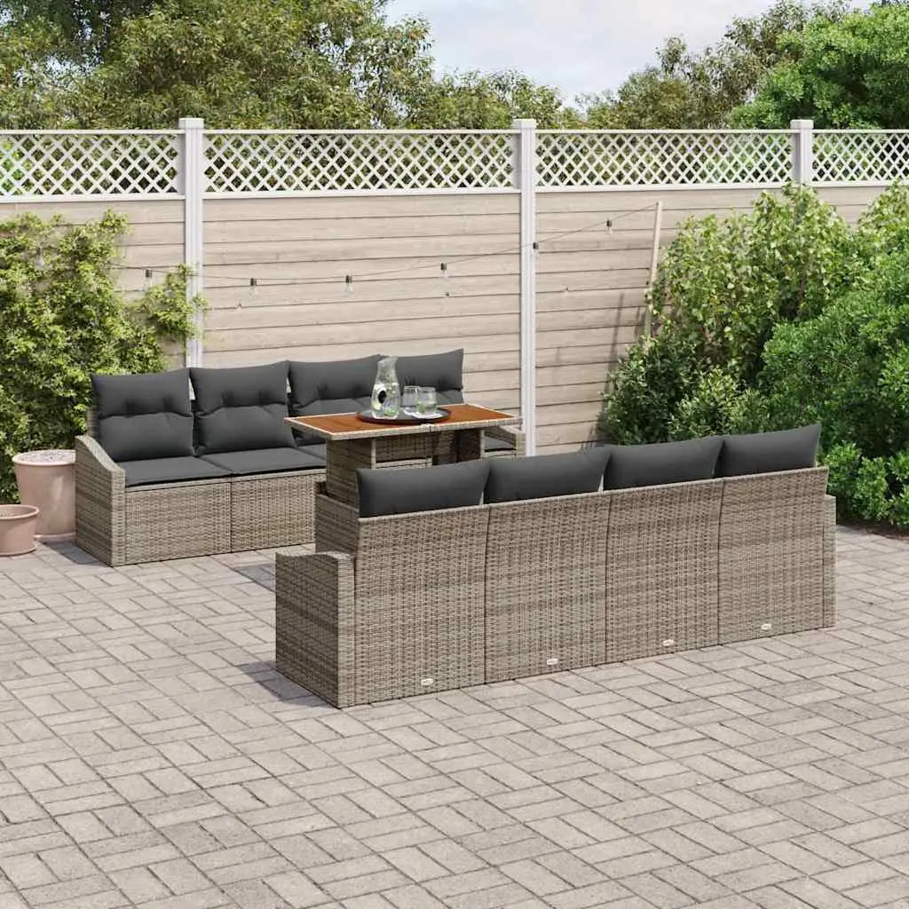 Modular Outdoor Garden Sofa Set 9 Pieces Grey Poly Rattan with Storage Cushions and Adjustable Feet