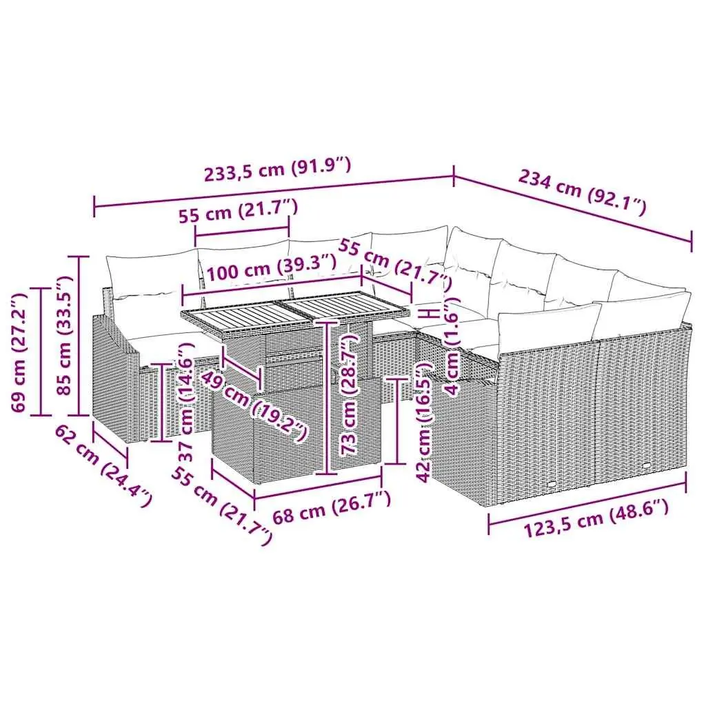 Outdoor Garden Sofa Set 9 Pieces Grey Poly Rattan Modular Seating with Storage