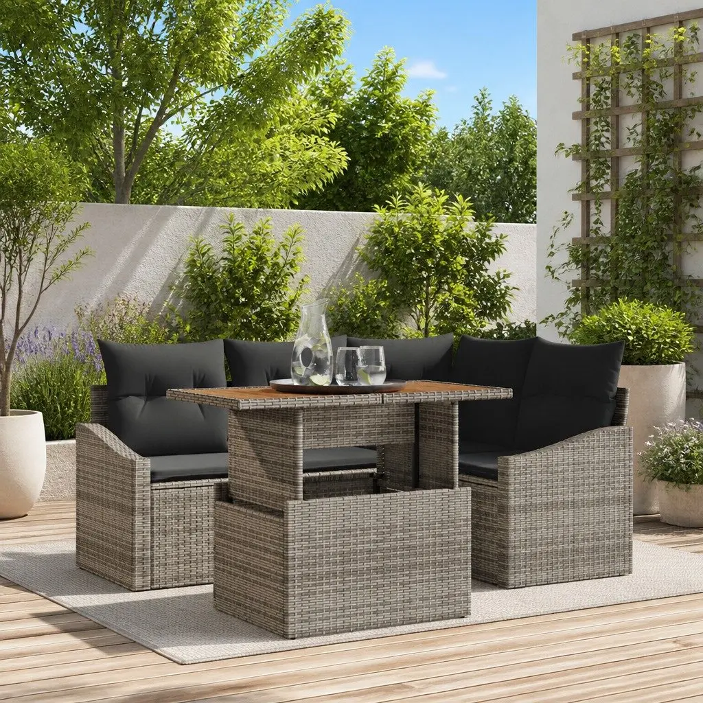 Outdoor Garden Sofa Set 5 Pieces Grey Modular Seating Poly Rattan Acacia Wood