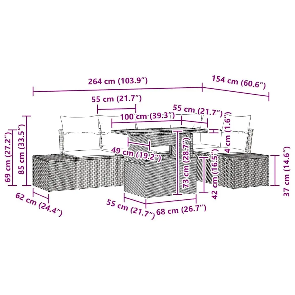 Modular Garden Sofa Set 6 Piece Outdoor Sectional Poly Rattan Patio Dining Table