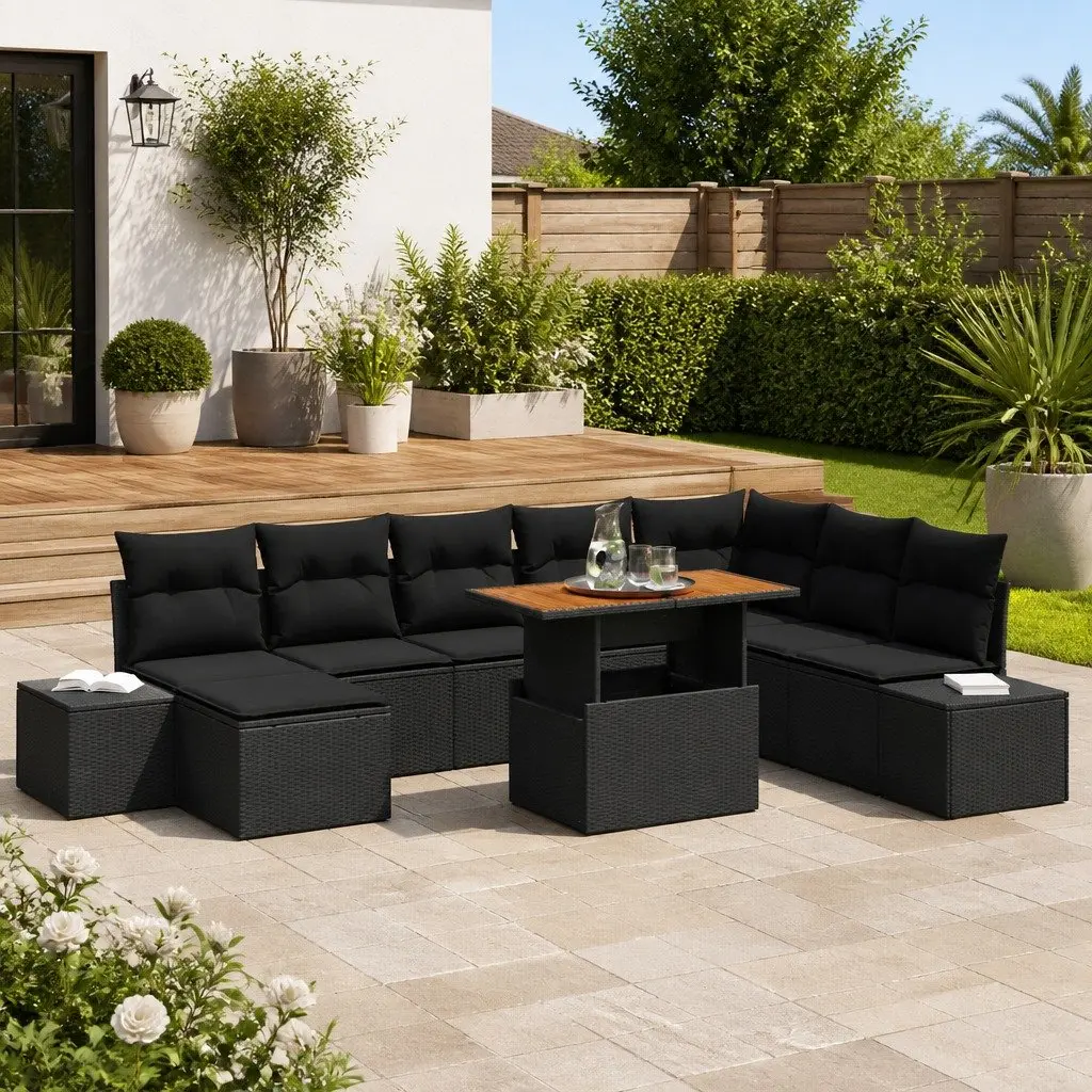 Outdoor Garden Sofa Set 9 Pieces Black Poly Rattan Modular Seating with Storage