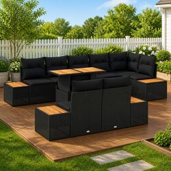 Outdoor Garden Sofa Set 9 Piece Modular Rattan Lounge Dining Black