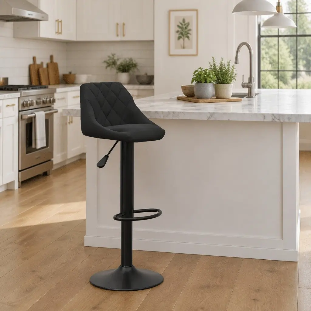 Bar Stool Black Velvet Swivel Height Adjustable with Footrest