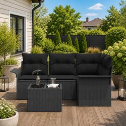 Outdoor Garden Sofa Set 5 Pcs Black Poly Rattan Modular Lounge with Storage