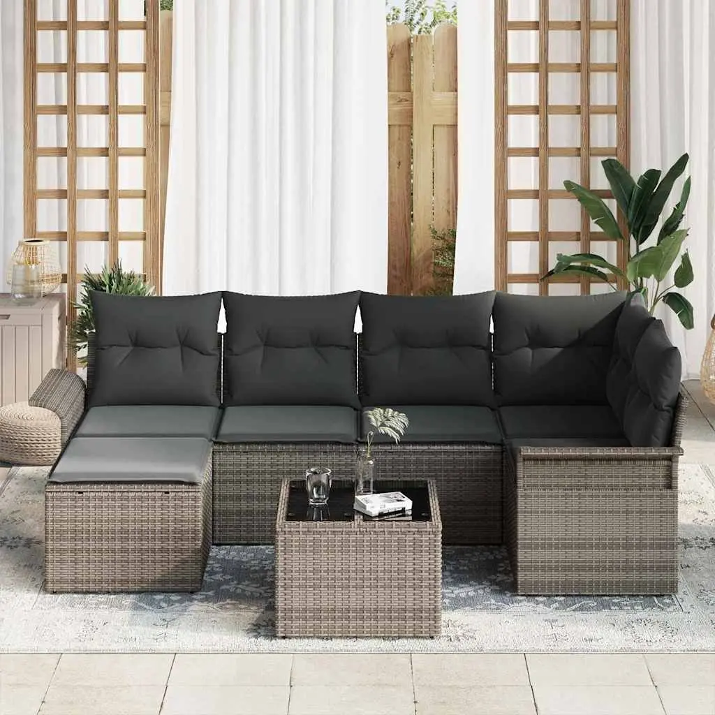 Modular Garden Sofa Set 7 Piece Grey Poly Rattan Outdoor Furniture with Storage
