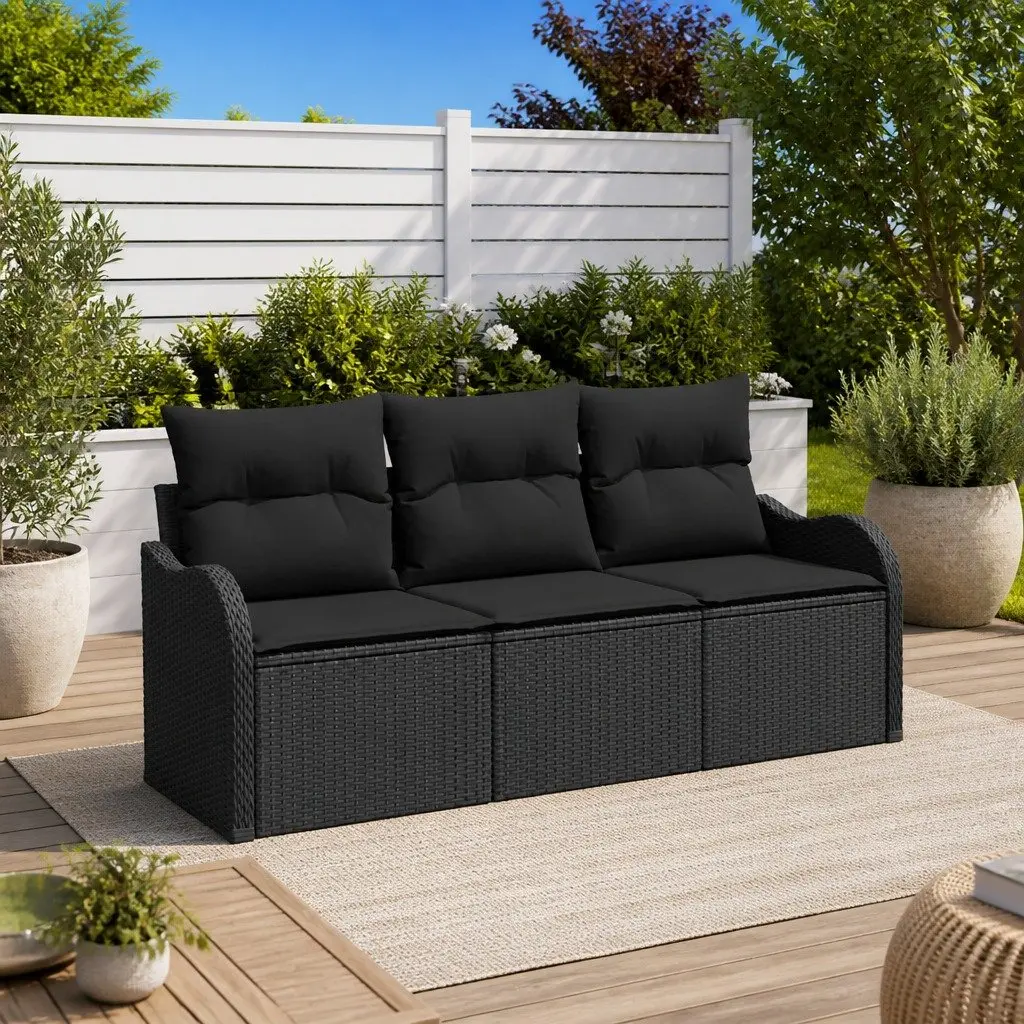Outdoor Garden Sofa Set 3 Piece Black Poly Rattan Modular Lounge with Cushions