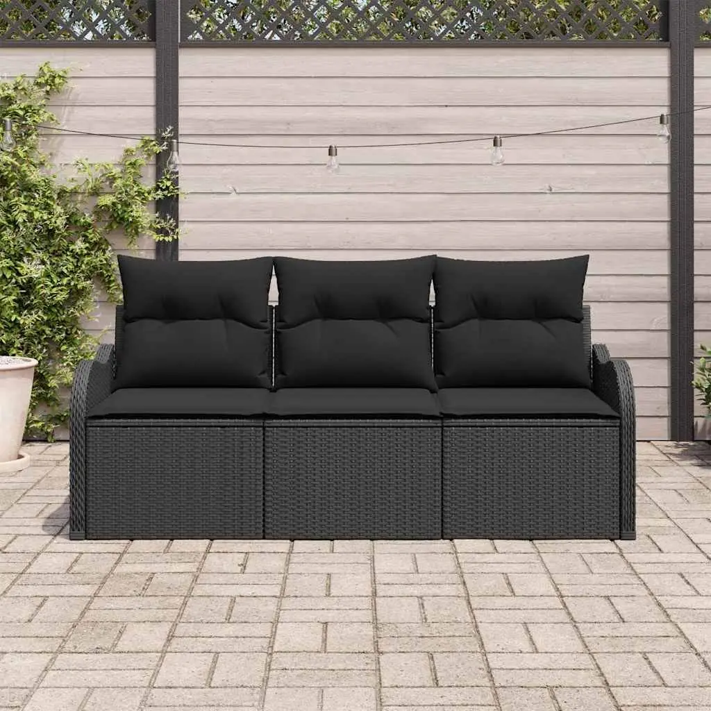 Outdoor Garden Sofa Set 3 Piece Black Poly Rattan Modular Lounge with Cushions
