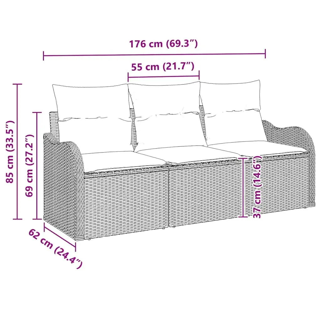 Outdoor Garden Sofa Set 3 Piece Black Poly Rattan Modular Lounge with Cushions