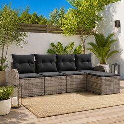 Outdoor Garden Sofa Set 5 Piece Modular Grey Poly Rattan with Storage Cushions