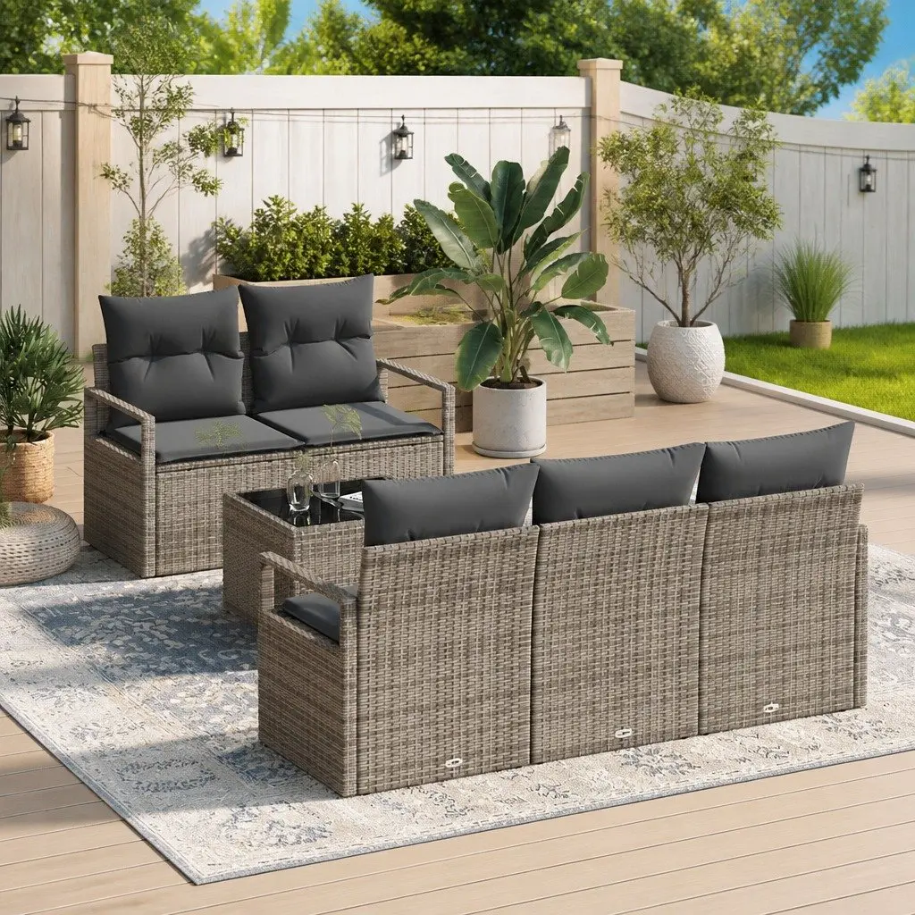 Modular Garden Sofa Set 6 Piece Grey Poly Rattan Furniture with Water-Resistant Cushions