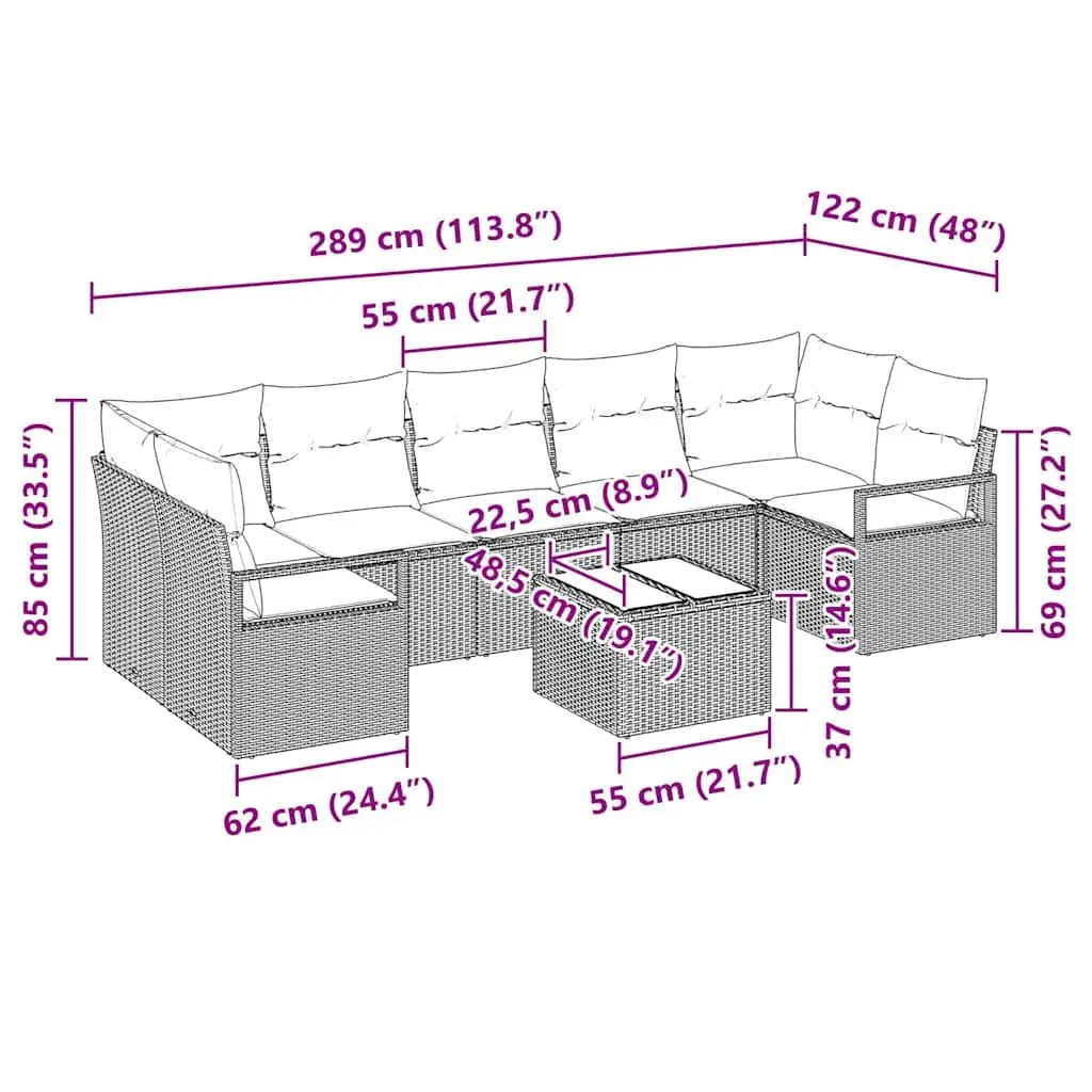 Outdoor Garden Sofa Set 8 Pieces Grey Poly Rattan Steel Frame Glass Table