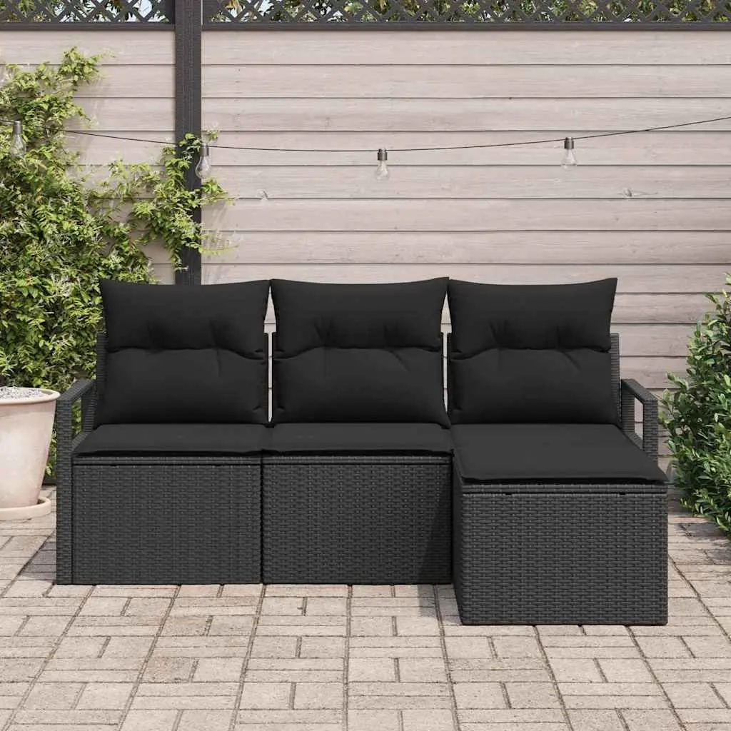4 Piece Black Rattan Outdoor Sofa Set with Cushions and Storage for Garden and Balcony