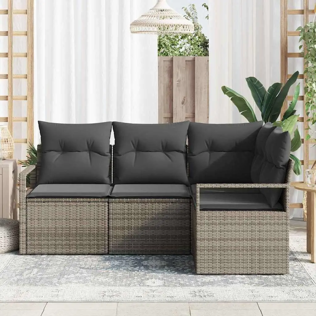 Outdoor Sofa Set 4 Piece Grey Modular Poly Rattan Garden Seating with Cushion