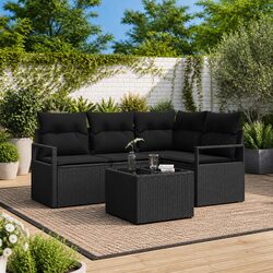 Outdoor Sofa Set 5 Pieces Black Poly Rattan Garden Seating with Storage Cushions